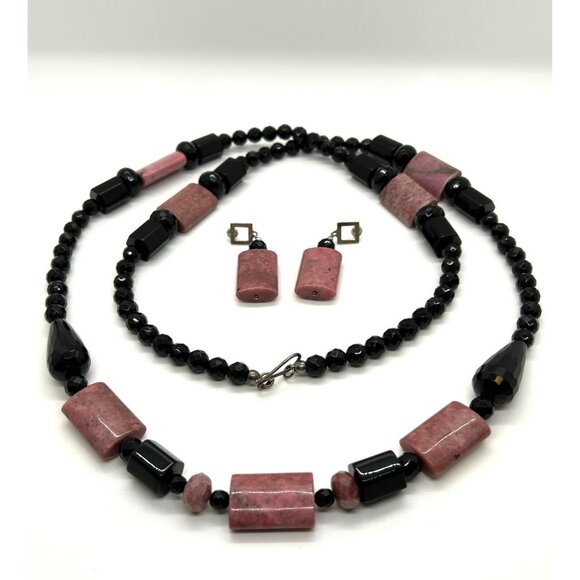 Rose Quartz Onyx Necklace Earrings Sterling Sliver Clasp Natural Stone - Picture 1 of 7